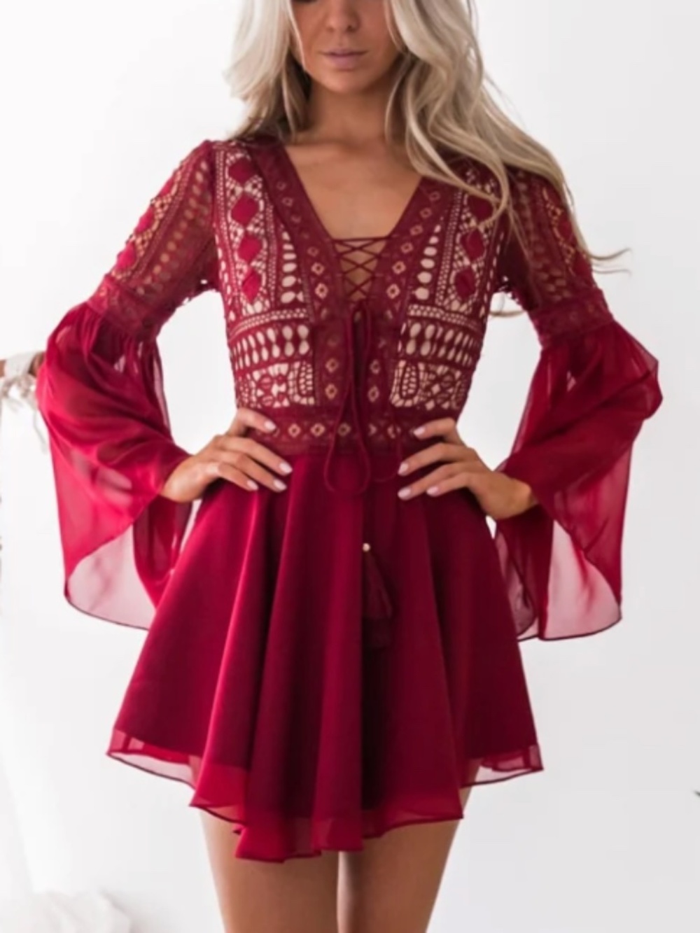 Two Sisters Alyse Dress NEW 6 Burgundy Wine Red Crochet Lace Bell Sleeve Chiffon